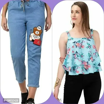 Trendy Printed Rayon Top With Denim Jeans Set For Women And Girls