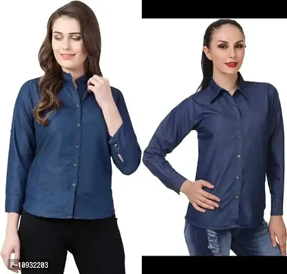 Elegant Denim Self Design Shirt For Women-Pack Of 2-thumb0