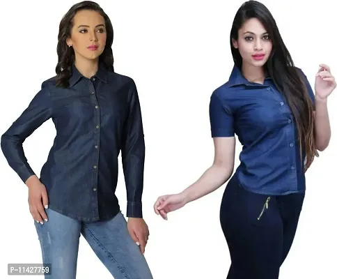 Stylish Fancy Roll- Up Sleeves Solid Denim Regular Fit Shirt Combo For Women Pack Of 2-thumb0