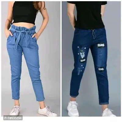 Stylish Blue Denim Self Design Jeans For Women- 2 Pieces