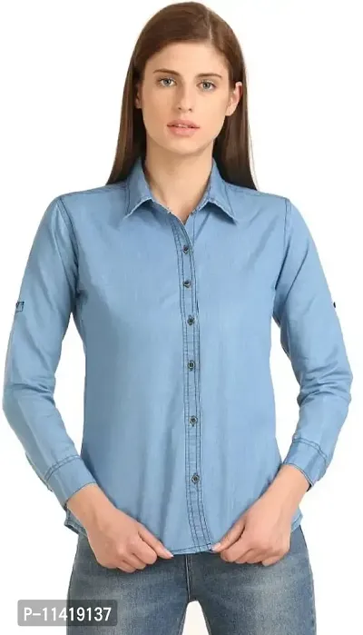 Stylish Fancy Denim Solid Regular Fit Shirt For Women-thumb0