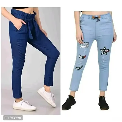 Stylish Blue Denim Self Design Jeans For Women- 2 Pieces-thumb0