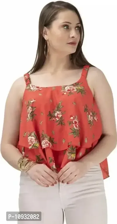 Elegant Red Crepe Printed Top For Women-thumb0