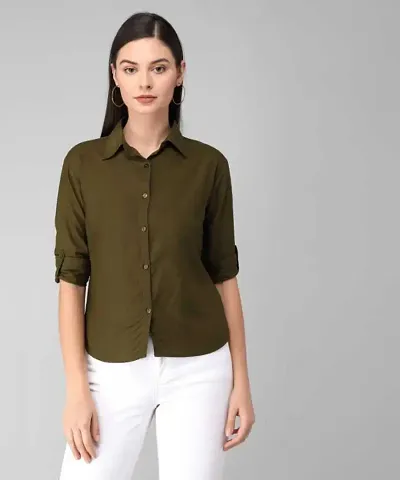 Stylish Fancy Roll- Up Sleeves Solid Rayon Regular Fit Shirt For Women