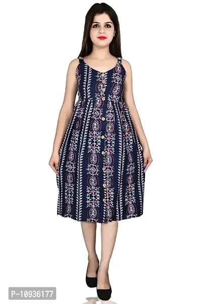 Stylish Navy Blue Rayon Printed Shoulder Strap Dresses For Women-thumb0