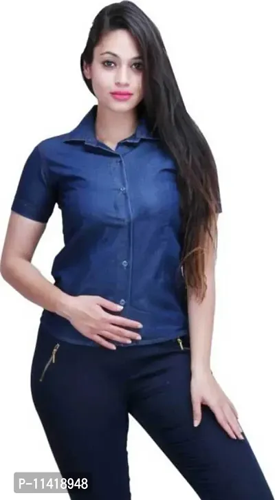 Stylish Fancy Denim Solid Regular Fit Shirt For Women-thumb0