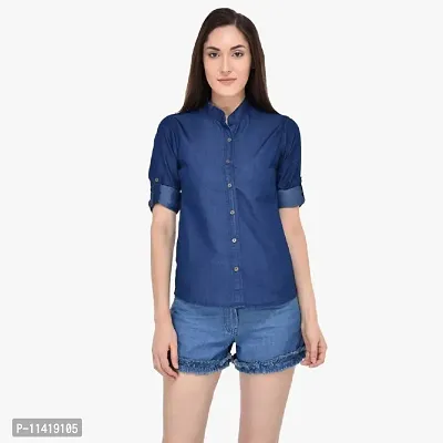 Stylish Fancy Denim Solid Regular Fit Shirt For Women-thumb0