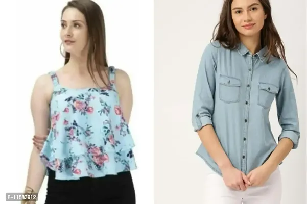 Designer And Stylish Women Combo of Denim Shirt and Rayon Top-thumb0