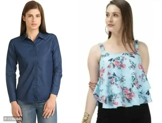 Designer And Stylish Women Combo of Denim Shirt and Rayon Top-thumb0