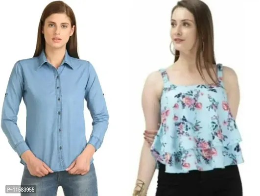 Designer And Stylish Women Combo of Denim Shirt and Rayon Top