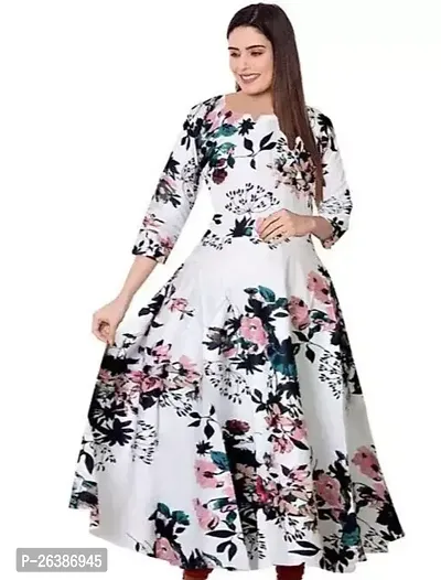 Stunning White Rayon Printed Stitched Gown For Women-thumb0