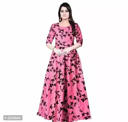 Stunning Pink Rayon Printed Stitched Gown For Women-thumb0