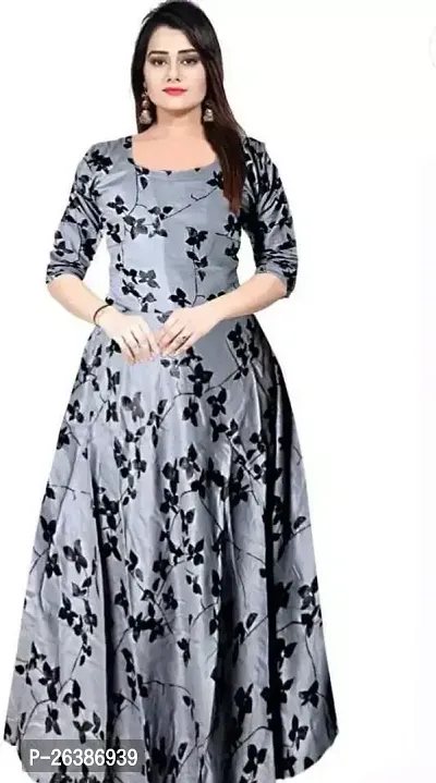Stunning Grey Rayon Printed Stitched Gown For Women-thumb0