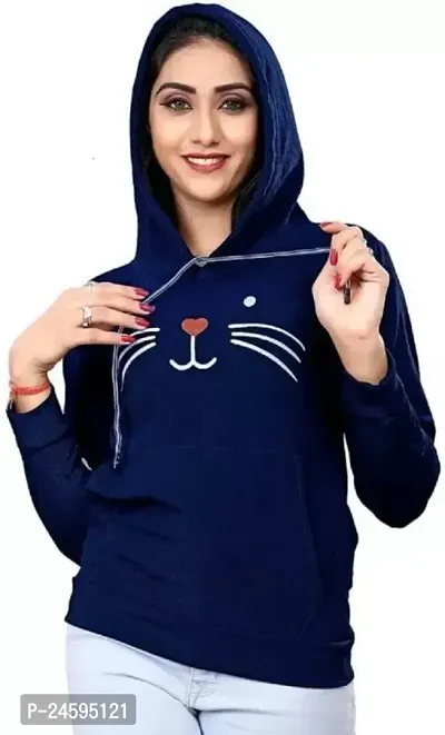 Stylish Navy Blue Cotton Blend Printed Hoodies For Women