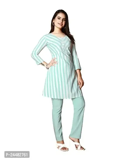 Santosh Creations Women 3/4 Sleeve Cotton Round Neck A-Line Solid Kurti with Pant Set (Blue) Size:-
