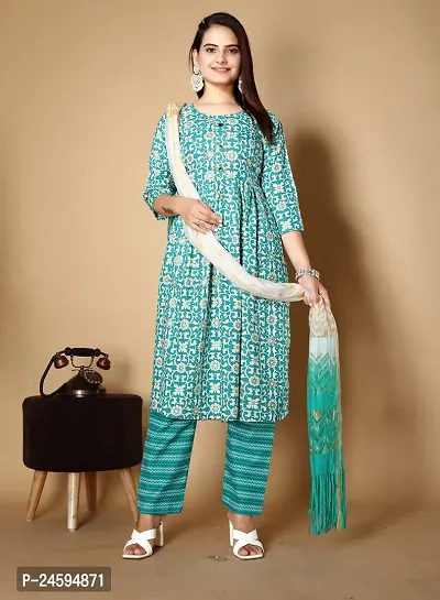 Trendy Blue Floral Print Cotton Blend Kurta Bottom Set With Dupatta For Women