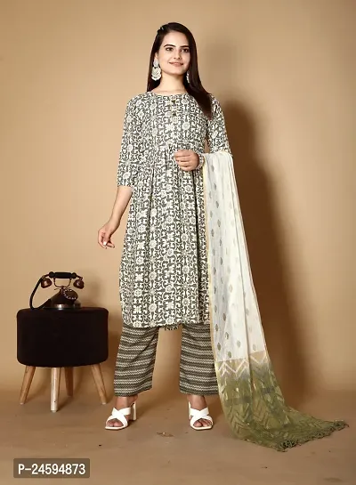 Trendy Grey Floral Print Cotton Blend Kurta Bottom Set With Dupatta For Women