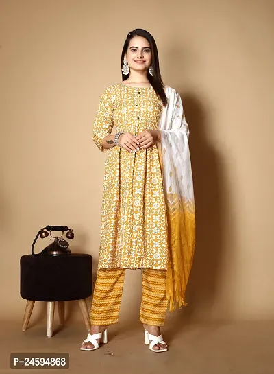 Trendy Yellow Floral Print Cotton Blend Kurta Bottom Set With Dupatta For Women-thumb0