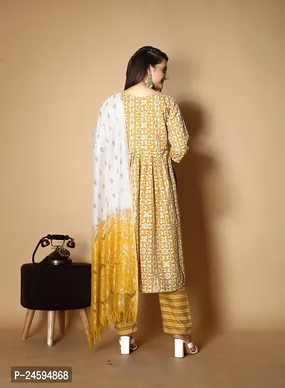 Trendy Yellow Floral Print Cotton Blend Kurta Bottom Set With Dupatta For Women-thumb2