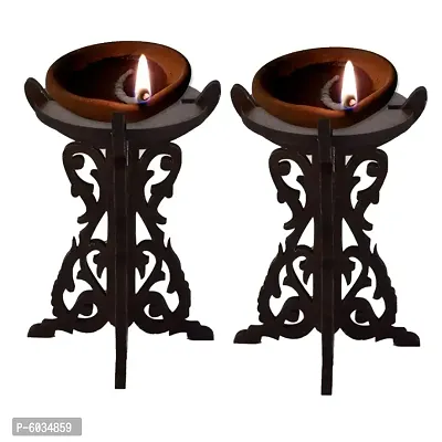 IMKR Hand Crafted Unique Beautiful Wooden Diya Stand for Home Temple Pooja Room and Festival Decoration Item (Pack of 2)-thumb0