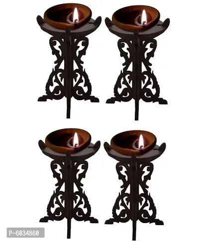 IMKR Hand Crafted Unique Beautiful Wooden Diya Stand for Home Temple Pooja Room and Festival Decoration Item (Pack of 4)