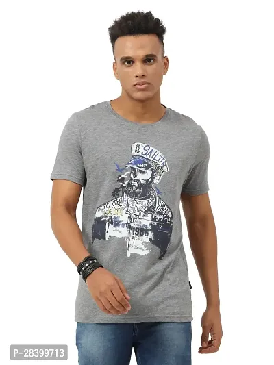 Stylish Grey Cotton Printed Round Neck Tees For Men-thumb0