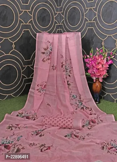 MAVIE Elegant Comfort Linen Traditional Digital Regular Saree, Pink-thumb0