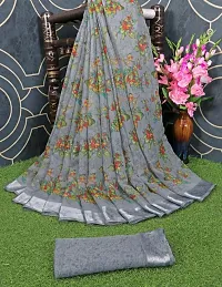 MAVIE Elegant Comfort Cotton Blend Traditional Cottan Flower Regular Saree, Grey-thumb1