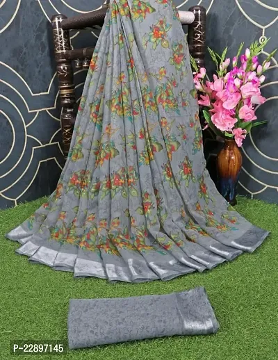 MAVIE Elegant Comfort Cotton Blend Traditional Cottan Flower Regular Saree, Grey-thumb2