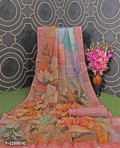 MAVIE Elegant Comfort Linen Traditional Digital Regular Saree, Beige