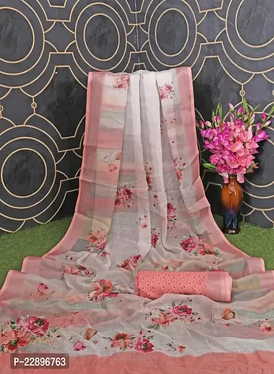 MAVIE Elegant Comfort Linen Traditional Digital Regular Saree, Grey