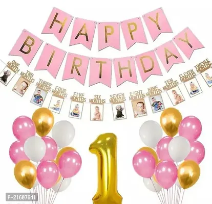 CCS 1st Birthday Decoration for Girls Set of 33 Pcs 12 Months Photo Banner for Birthday Pink Balloons for Birthday Decoration 1 Number Foil Balloon Happy Birthday Banner