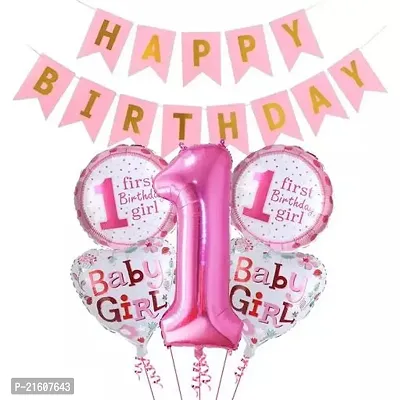 CCS Pink 1st Birthday Decoration For Baby Girl With Happy Birthday Banner Number 1 Foil Balloon And Round Foil Balloons Combo 6Pcs
