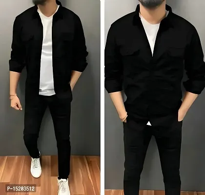 Black Cotton Solid Casual Shirts For Men