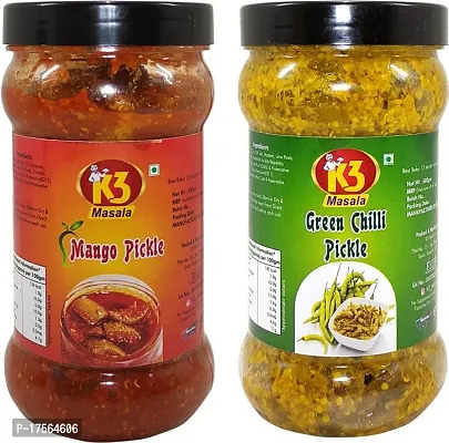 Best Quality K3 Masala Green Chilli Pickle And Mango Pickle (500Gm X 2) (Pack Of 2) Mango, Green Chilli Pickle (2 X 500 G)