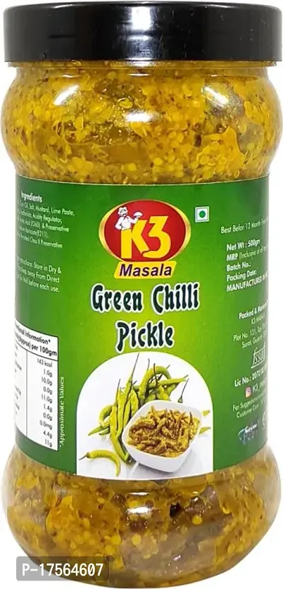 Best Quality K3 Masala Green Chilli Pickle 500Gm (Pack Of 1) Green Chilli Pickle (500 G)-thumb0