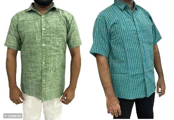 Fancy Multicoloured Khadi Cotton Self Pattern Short Sleeves Shirt For Men Pack Of 2