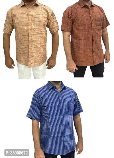 Fancy Multicoloured Khadi Cotton Self Pattern Short Sleeves Shirt For Men Pack Of 3-thumb0