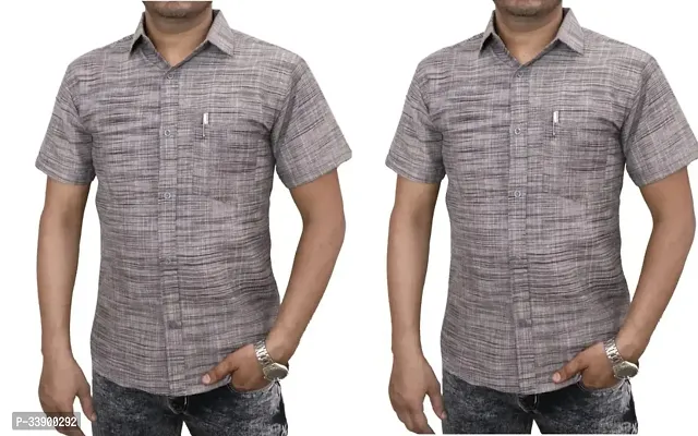 Fancy Grey Khadi Cotton Solid Short Sleeves Shirt For Men Pack Of 2-thumb0