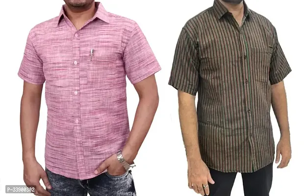 Fancy Multicoloured Khadi Cotton Self Pattern Short Sleeves Shirt For Men Pack Of 2-thumb0