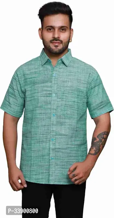 Fancy Green Khadi Cotton Solid Short Sleeves Shirt For Men-thumb0