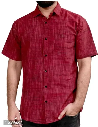 Fancy Maroon Khadi Cotton Solid Short Sleeves Shirt For Men-thumb0