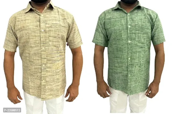 Fancy Multicoloured Khadi Cotton Solid Short Sleeves Shirt For Men Pack Of 2-thumb0