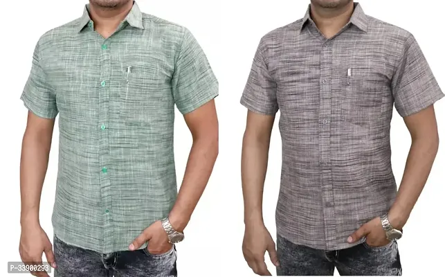 Fancy Multicoloured Khadi Cotton Solid Short Sleeves Shirt For Men Pack Of 2-thumb0