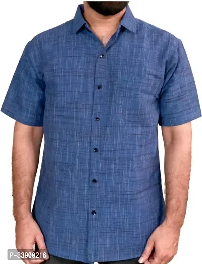 Fancy Blue Khadi Cotton Solid Short Sleeves Shirt For Men-thumb0