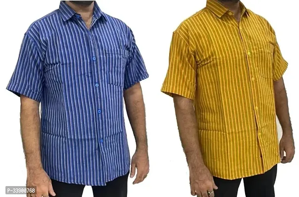 Fancy Multicoloured Khadi Cotton Striped Short Sleeves Shirt For Men Pack Of 2-thumb0