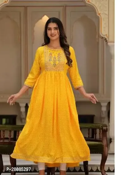 Elegant Yellow Hand Emboidered Rayon Flared Kurta For Women-thumb0