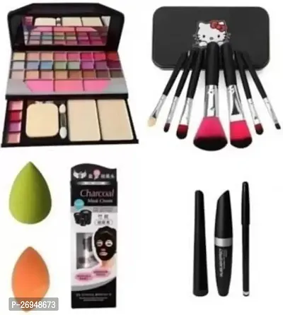 Makeup kit 6155  Black brushes set of 7  charcoal mace mask  3 in 1 eye makeup + 2 beauty puff  (5 Items in the set)