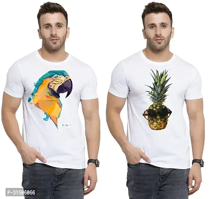 Stylish White Polyester Printed Short Sleeves T-Shirt For Men Pack Of 2