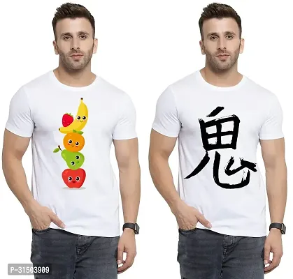 Stylish White Polyester Printed Short Sleeves T-Shirt For Men Pack Of 2